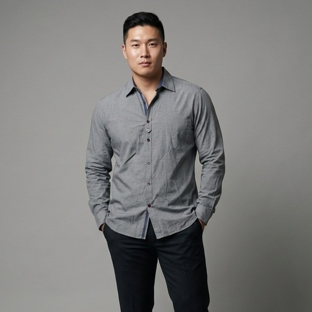 Diesel‎ Mens XXL Gray Micro Dobby Cotton Long Sleeve Button Down Shirt Logo